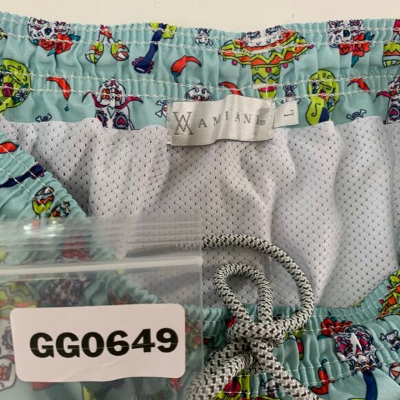 Amiani L Blue Colorful Sugar Skull Pepper Sombrero Guitar Swim Trunk Shorts - Picture 3 of 9